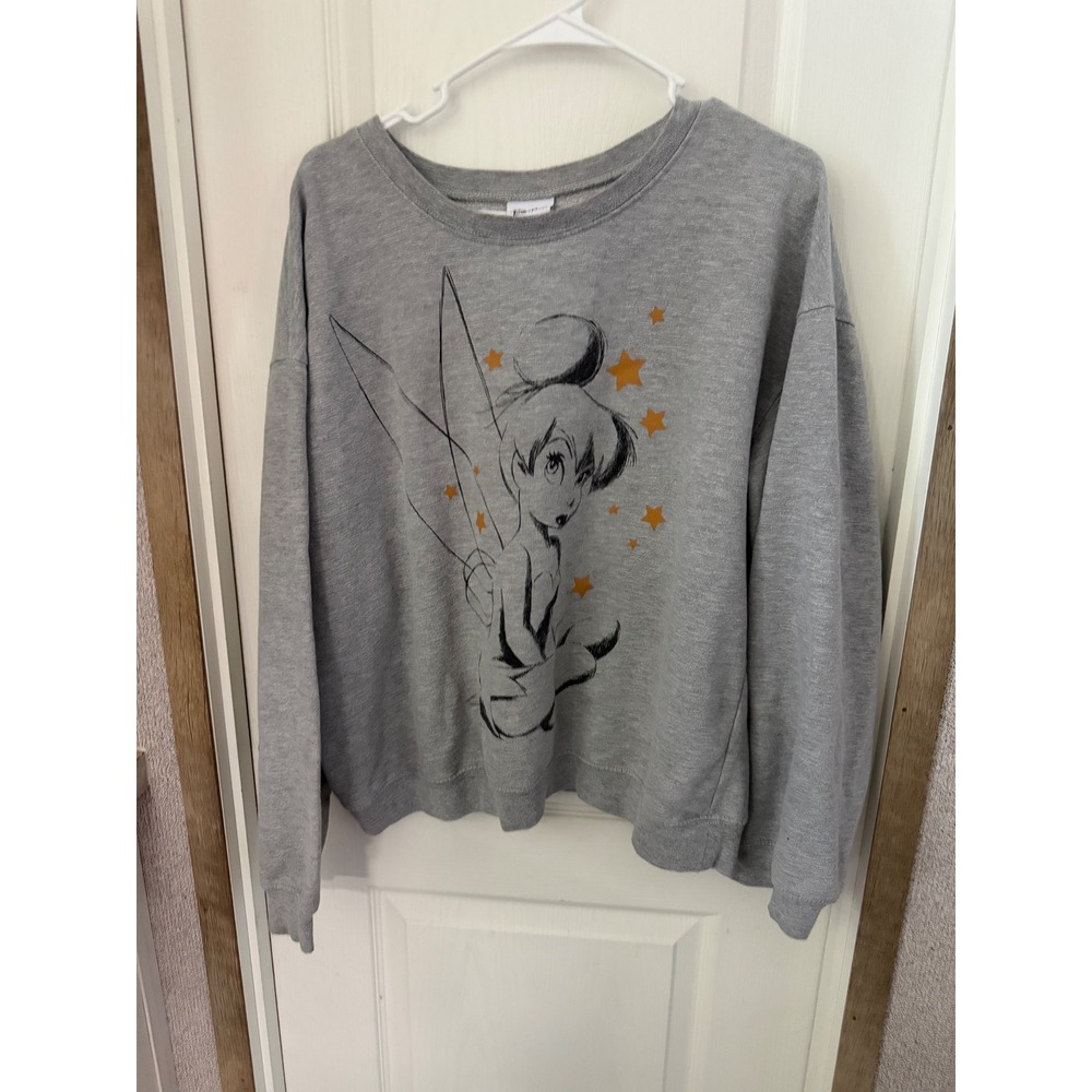 Disney Tinker Bell Graphic Sweatshirt Heather Grey XXL Gold Stars Pullover